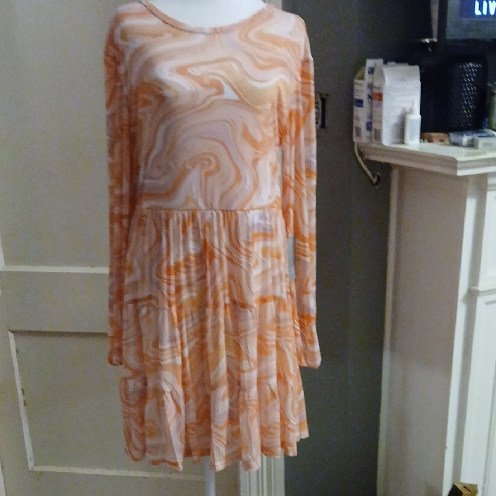 NWT Love By Design Orange Swirl Long Sleeve Tiered Mini Dress XL